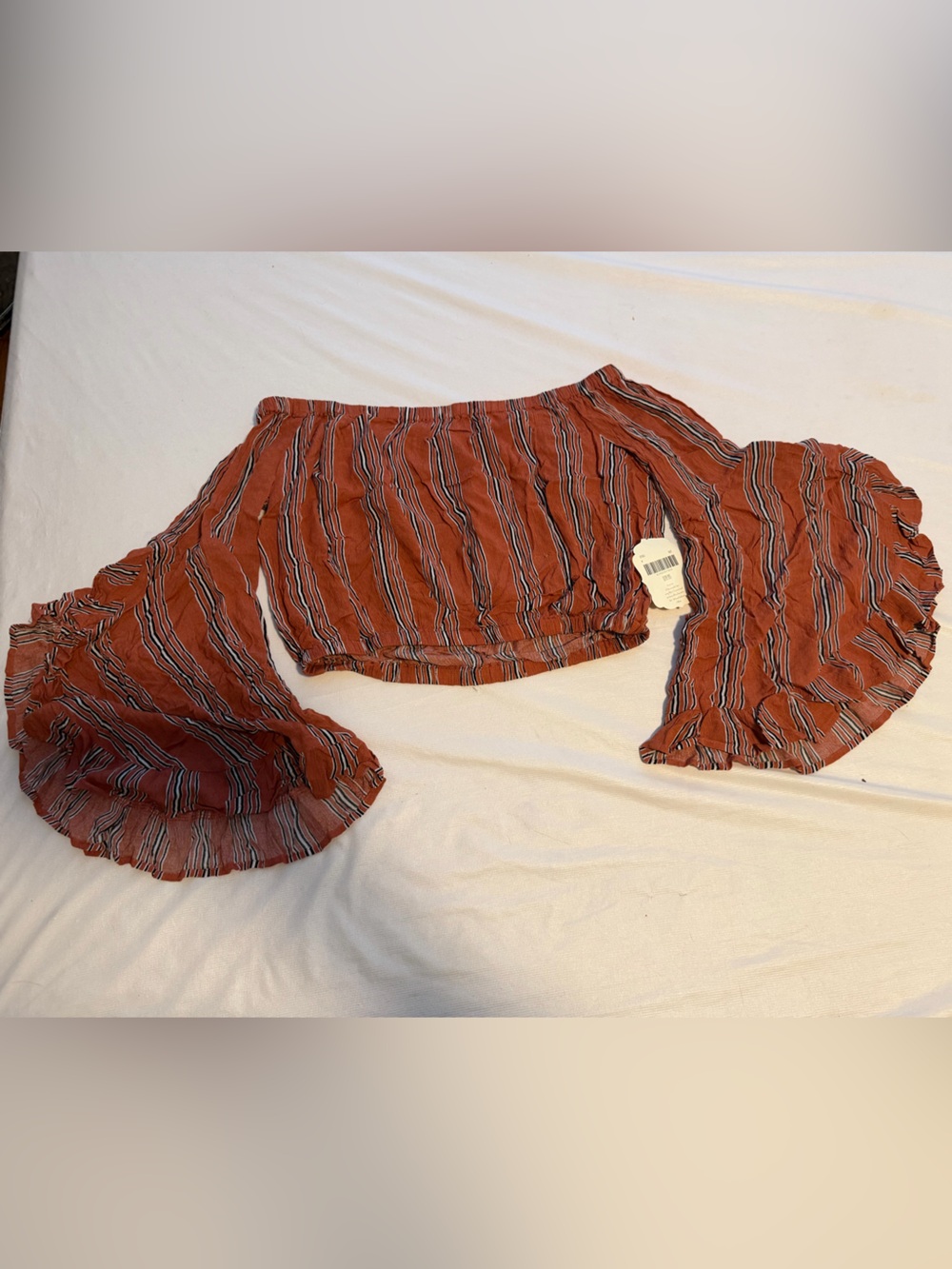 Altar'd State Western Burnt Orange Off-Shoulder Crop Top with Bell Ruffle Sleeve